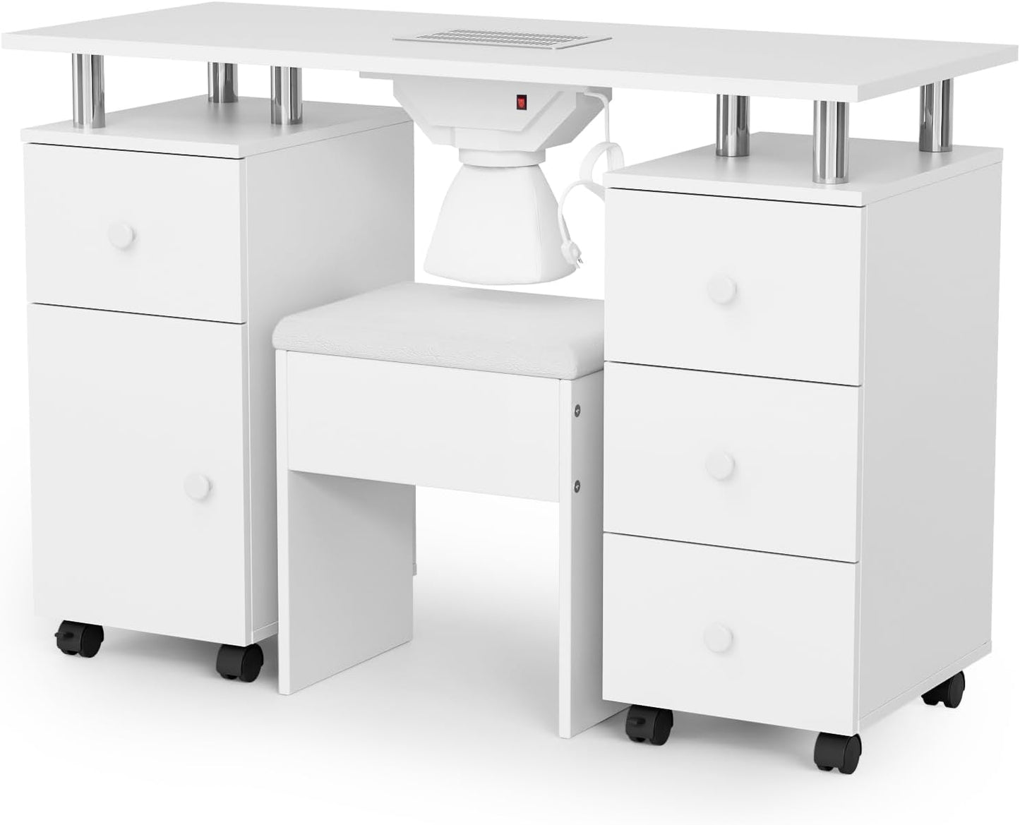 Nail Desk and Chair Set - Acetone Resistant Manicure Table with Dust Collector & Storage Drawers | White