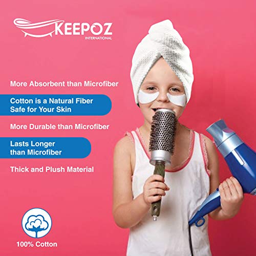 KEEPOZ 2-Pack Cotton Hair Towel Wraps for Women, Quick Dry Turban with Button, White Check