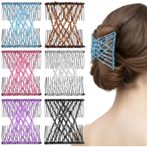 6Pcs Beaded Hair Clips Set for Women - Adjustable Stretchy Ponytail Holders & Vintage Bun Maker