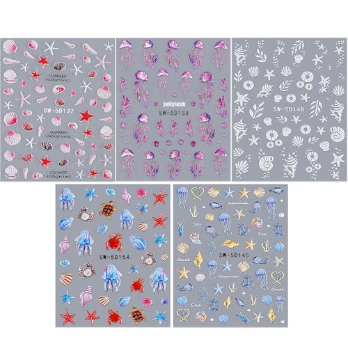 Jaliya 5D Embossed Ocean Nail Stickers - Summer Beach Shell & Sea Animal Decals