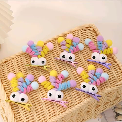 MIUPOO Fluffy Pom Poms Hair Clips for Girls - Pink Eyes Quirky Monster Barrettes, 2 Pieces