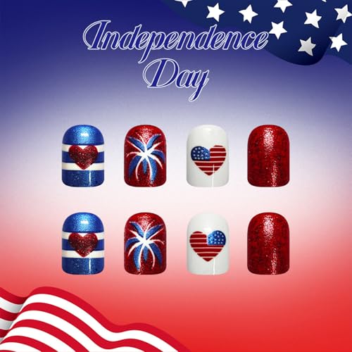 HZJXRT 4th of July American Flag Fake Nails - Short Red Glitter Press-On Manicure, 24pcs