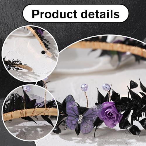 Black Fairy Flower Crown with Butterfly and Gothic Elf Design - KorViSHOW, Black Purple Variation