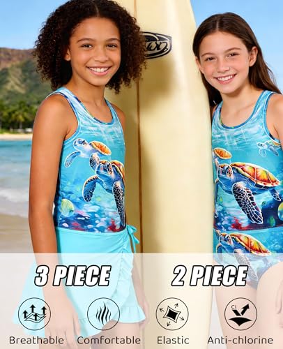 Cutemile Girls 3-Piece Tankini Swimsuit Set with Skirt (Ages 5-14)