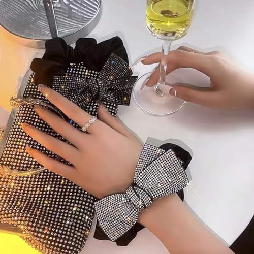 CJKDXDH 2 Pack Large Rhinestone Bow Scrunchies for Women Girls Black Shiny Crystal Hair Ties