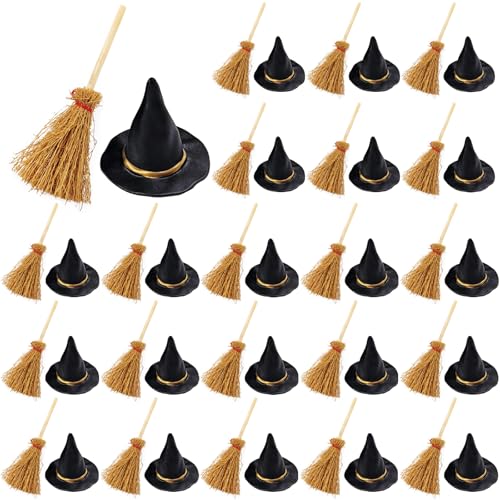 Mini Witch Hat and Broom Set - 50PCS Halloween Party Decorations