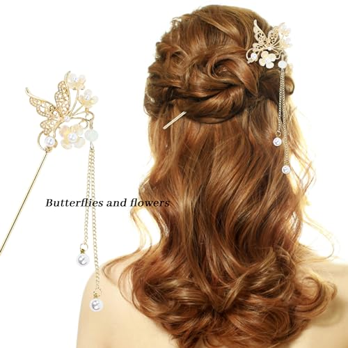 inSowni 8-Piece Vintage Gold Metal Hair Sticks with Flowers & Pearls for Women Girls - Traditional Chinese Style, Updo & Bun Holders, Model A