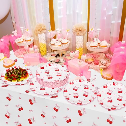 PHOGARY 40-Pack Pink Cherry Paper Plates - 7-Inch Scalloped Party Decor