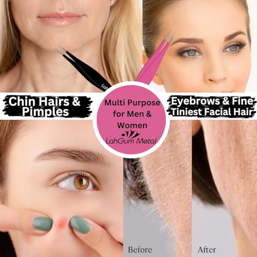 LahGum Metal Precision Needle Nose Tweezers 2-Piece Black & Pink for Ingrown Hair Removal