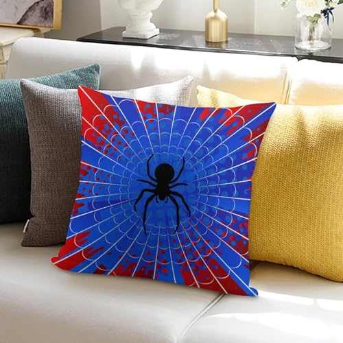 Spider Web Throw Pillow Cover - 18x18 Inch Blue & Red Design
