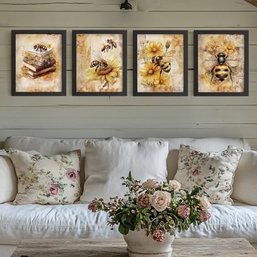 Vintage Bumble Bee & Sunflower Floral Wall Art Prints - 8x10 Unframed