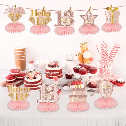 Pink Rose Gold 13th Birthday Honeycomb Centerpieces - 9 Pcs