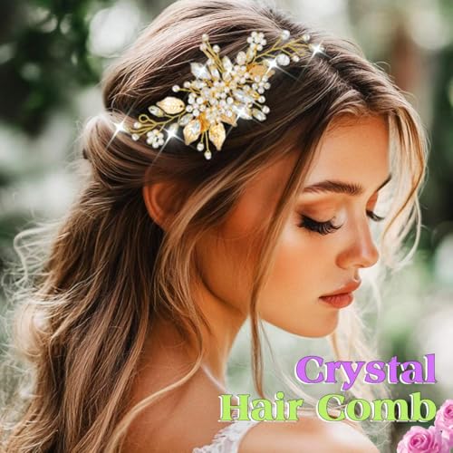 JEAIRTS Gold Crystal Hair Comb - Bridal Pearl Headpiece for Weddings