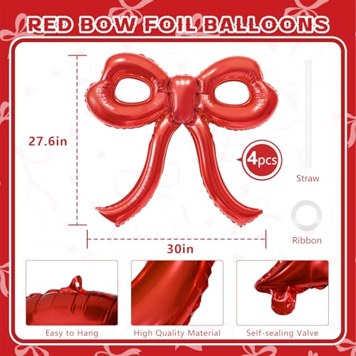 4 Giant Red Bow Foil Balloons for Birthday and Party Decor