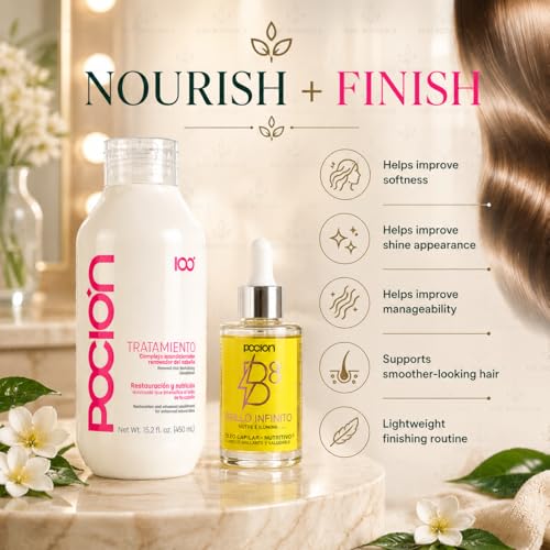 Poci?n Hair Care Bundle with Shampoo (Revitalizing Shampoo), Tratamiento (Repair Conditioner Treatment), Poci?n Brillo Infinito B8 Hair Oil & Scalp Massage Brush | 4-Piece Hair Care Set