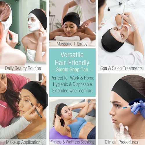 APPEARUS Disposable Black Facial Headbands - 50 Count, Hygienic Single Use, Latex-Free, Nonwoven Stretch Fabric for Salons & Spa