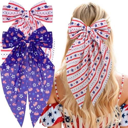 4th of July Hair Bows for Women & Girls - Red, White & Blue Satin Clips, Pack of 2, 11 Inch Length