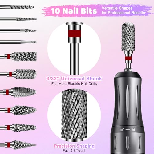 CGBE 10PCS Red Tungsten Carbide Nail Drill Bits Set