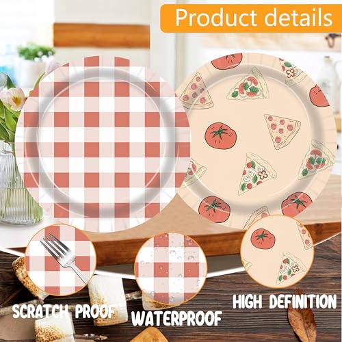 48-Count Pizza Themed Paper Plates - 9 Inch Red Gingham & Tomato Design