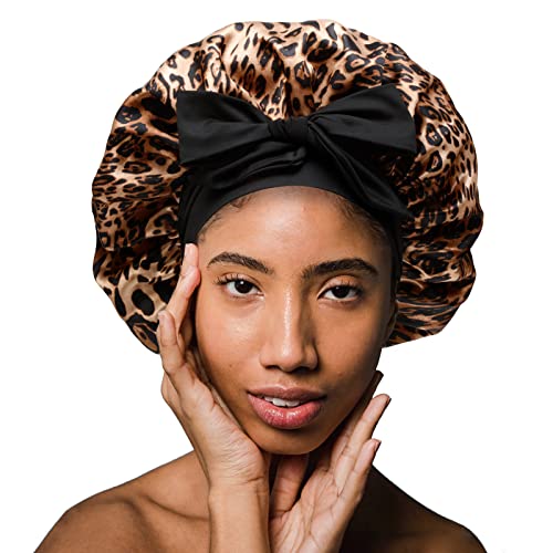 Large Leopard Satin Hair Bonnet for Black Women - Soft Fit Night Cap