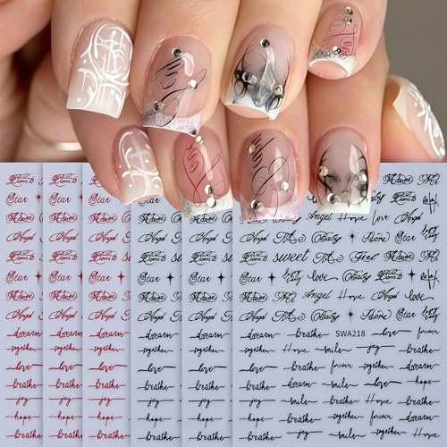 Sxidrosck English Letter Nail Stickers 6 Sheets 3D Self-Adhesive Black Red Cursive Word Design for Nail Art DIY