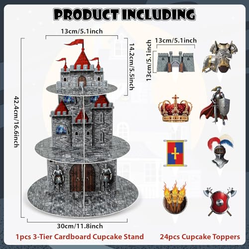 3-Tier Medieval Castle Cupcake Stand with 24 Knight Cake Toppers