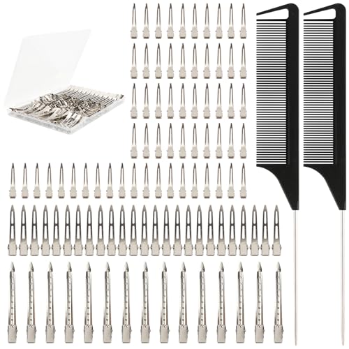 100 PCS Silver Alligator Hair Clips with 2 Combs - 3 Sizes