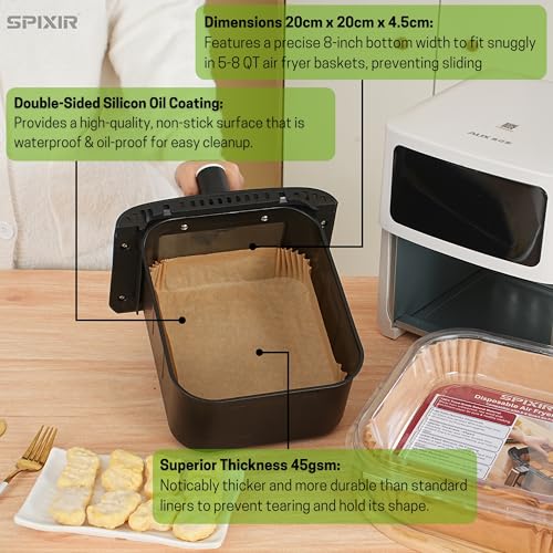 Heavy-Duty Air Fryer Paper Liners - 100 Pcs, 8" Square, Non-Stick