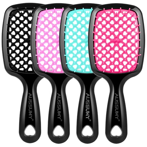 Aussumy 4 Pack Vented Detangling Hair Brush Set for Wet & Dry Hair - Black, Pink, Green, Magenta