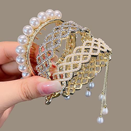 LAKEMON Rhinestone Pearl Tassel Hair Bun Claw Clips - 3 Piece Set