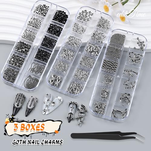 Black Gothic Nail Charms Set with Studs and Spikes for Nail Art, 3-Pack