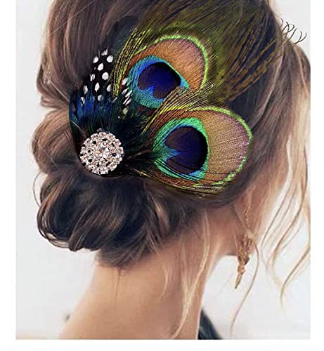 Butterfly Peacock Feather Hair Clip with Rhinestones - Bridal & Party Accessory