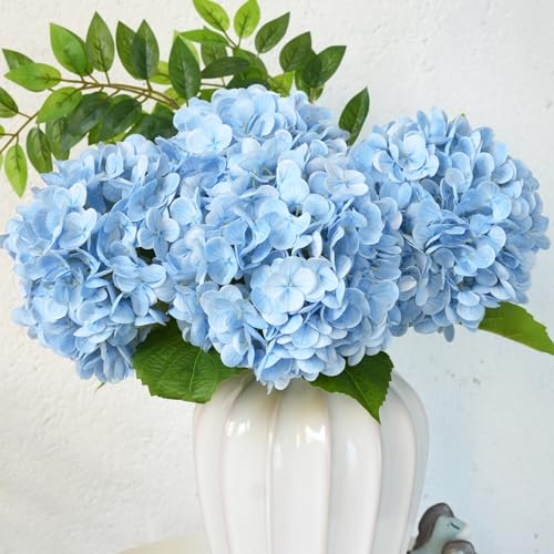 20-Inch Light Blue Artificial Hydrangea Flowers - 3 Pcs Real Touch