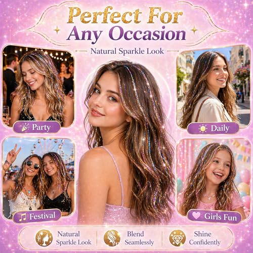 18 Pcs Rainbow Hair Tinsel Clips - 22 Inch Glitter Extensions