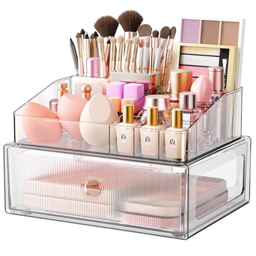 HOMETUK 2-Tier Clear Makeup Organizer with Drawer for Vanity and Bathroom