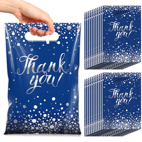 Pajean 100 Pcs Blue & Silver Thank You Gift Bags with Handles