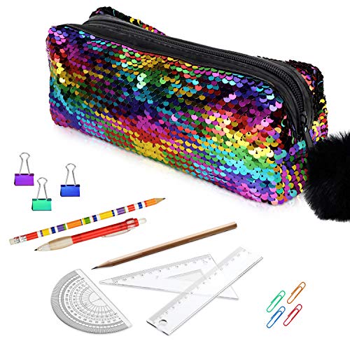 Rainbow Sequin Pencil Case & Makeup Bag for Girls, Large Capacity Organizer