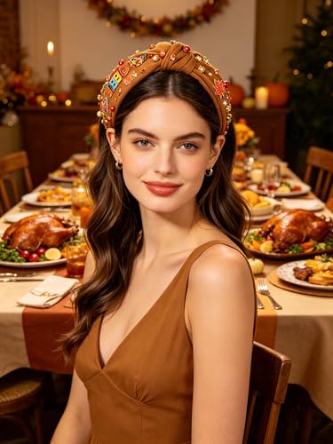NVENF Beaded Turkey Headband for Women Gobble 1 Fall Thanksgiving Hair Accessory