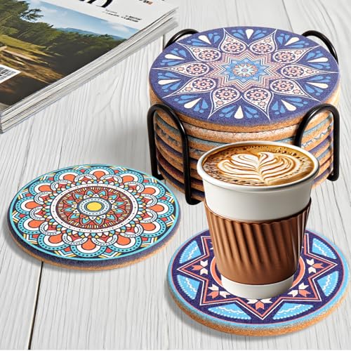 Set of 8 Colorful Boho Cork Coasters with Metal Holder - 4 Inch