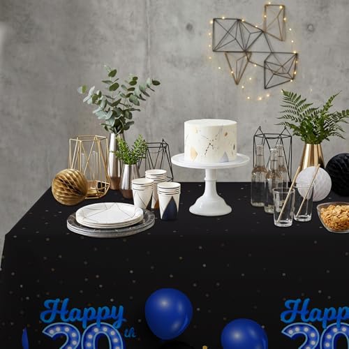 Happy 20th Birthday Tablecloth - Blue & Black Glitter Design, 53x108 inches