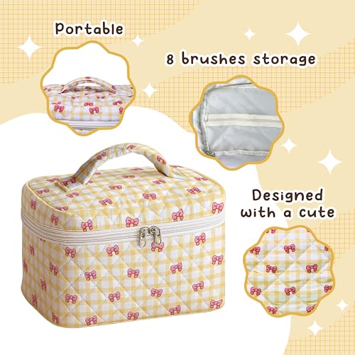 MYSMOR Large Quilted Makeup Bag, Yellow Gingham Cosmetic Case with Bows
