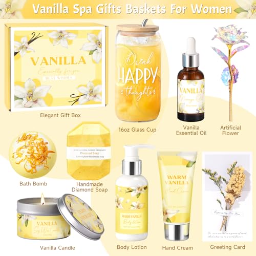 GiftPeak Vanilla Spa Gift Basket for Women - Relaxing Self-Care Set with Candle & Body Lotion