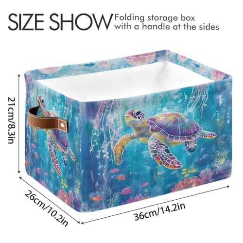 Foldable Storage Basket with Handles - Watercolor Turtle & Jellyfish Design