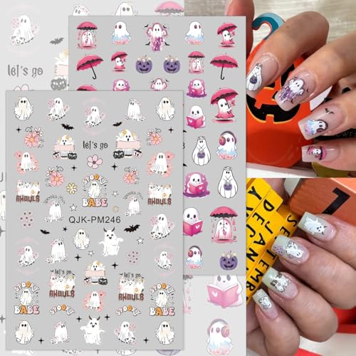 3D Halloween Nail Art Stickers - 8 Sheets Pumpkin, Ghost & Bats