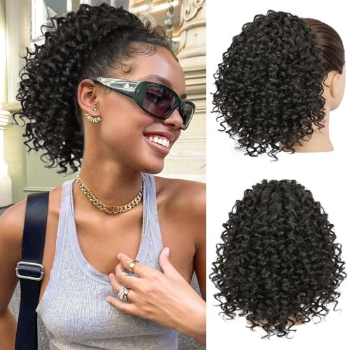 Lommel 10 Inch Brown Black Ponytail Extension for Black Women - Curly Afro Kinky Hair