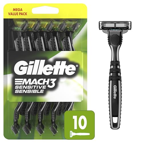 Gillette Mach3 Sensitive Razors for Men, Men¡¯s Disposable Razors, Pivoting Head for Close and Comfortable Shave, 10 Count
