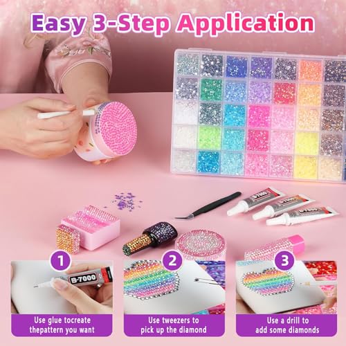Duyige 40-Compartment Rhinestones Kit for Tumblers & Crafts, 40,000pcs 3mm Flat Back Bling Gems with Glue