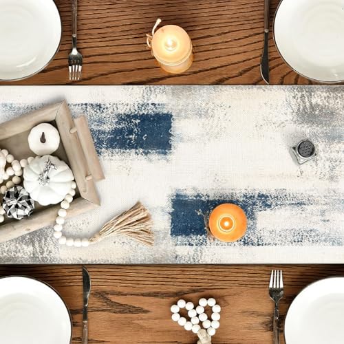 Blue and White Abstract Table Runner - 13x72 Inch Polyester Home Decor