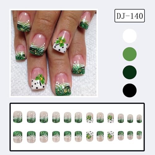 French St. Patrick's Short Press-On Nails with Shamrock & Glitter - Green Lucky Clover Nail Art