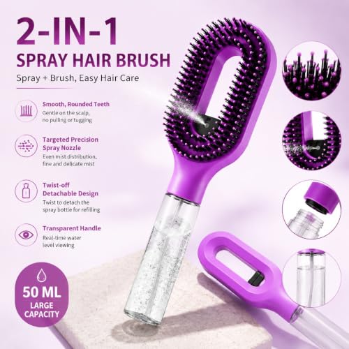 Akimomaty Hair Detangler Brush with Built-in Mist Sprayer, Purple